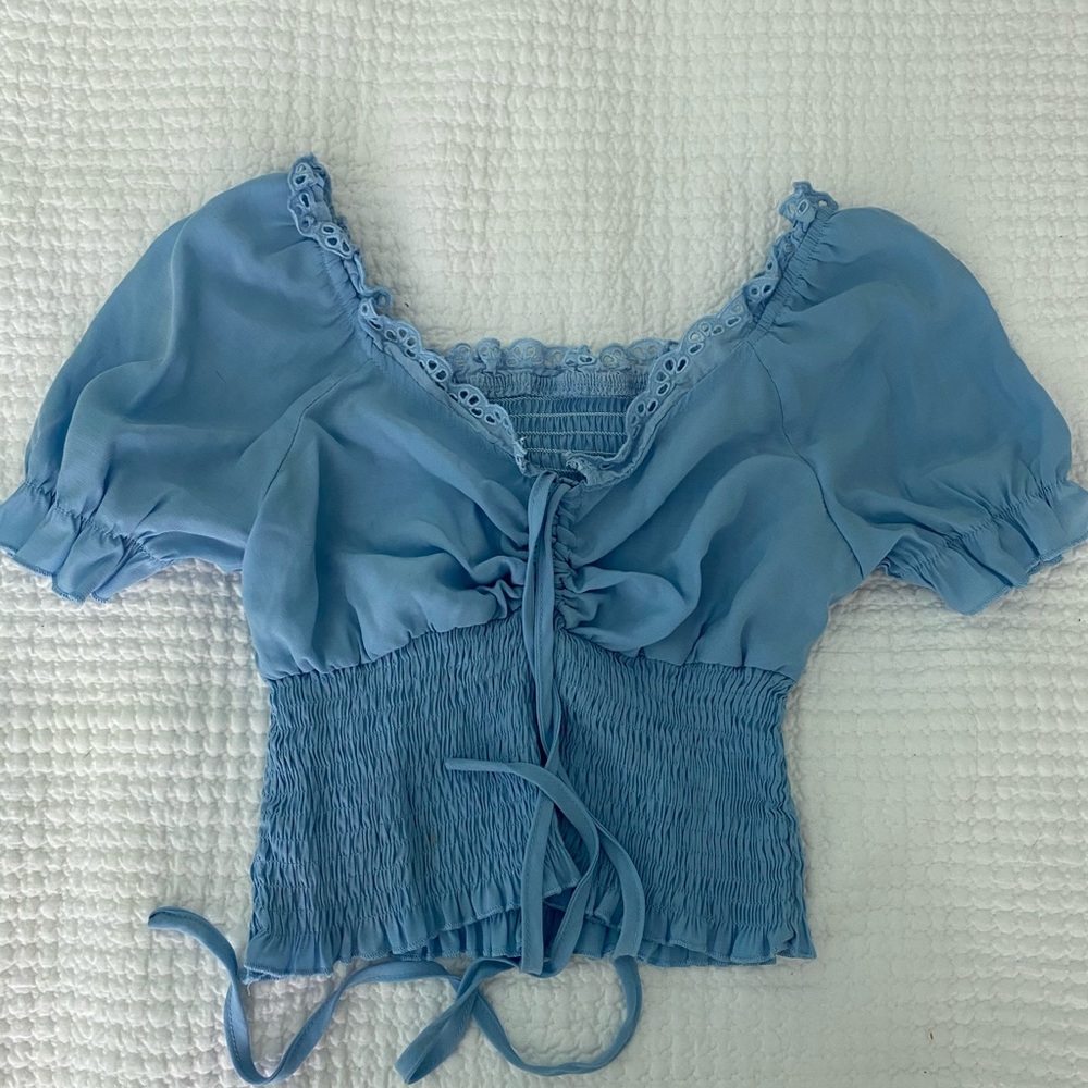 Blue off the shoulder rushed crop top